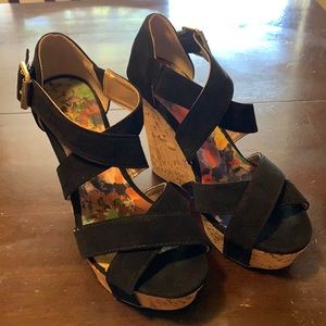 6.5 Qupid Black Wedges Cork Strappy